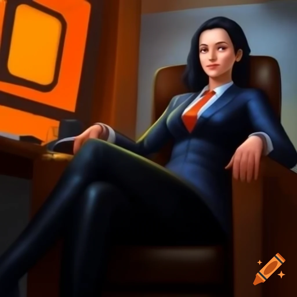 Professional chairwoman in suit sitting in leather chair with futuristic office background