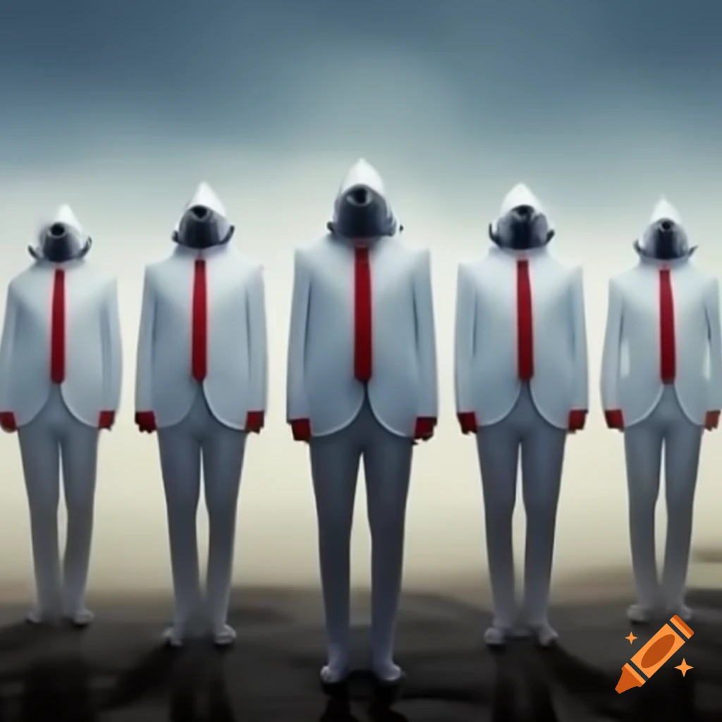 Group of faceless men in suits with red ties in a dystopian setting