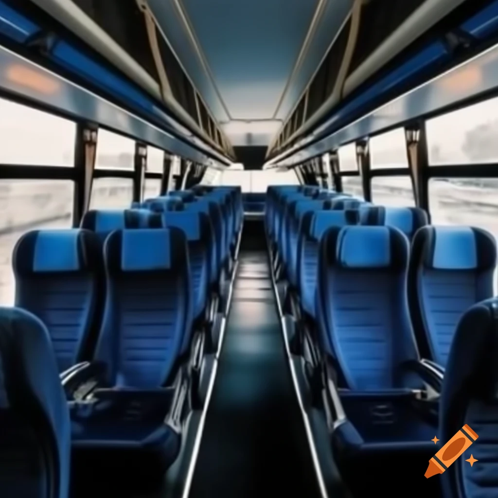 Interior of modern sky blue and black passenger bus