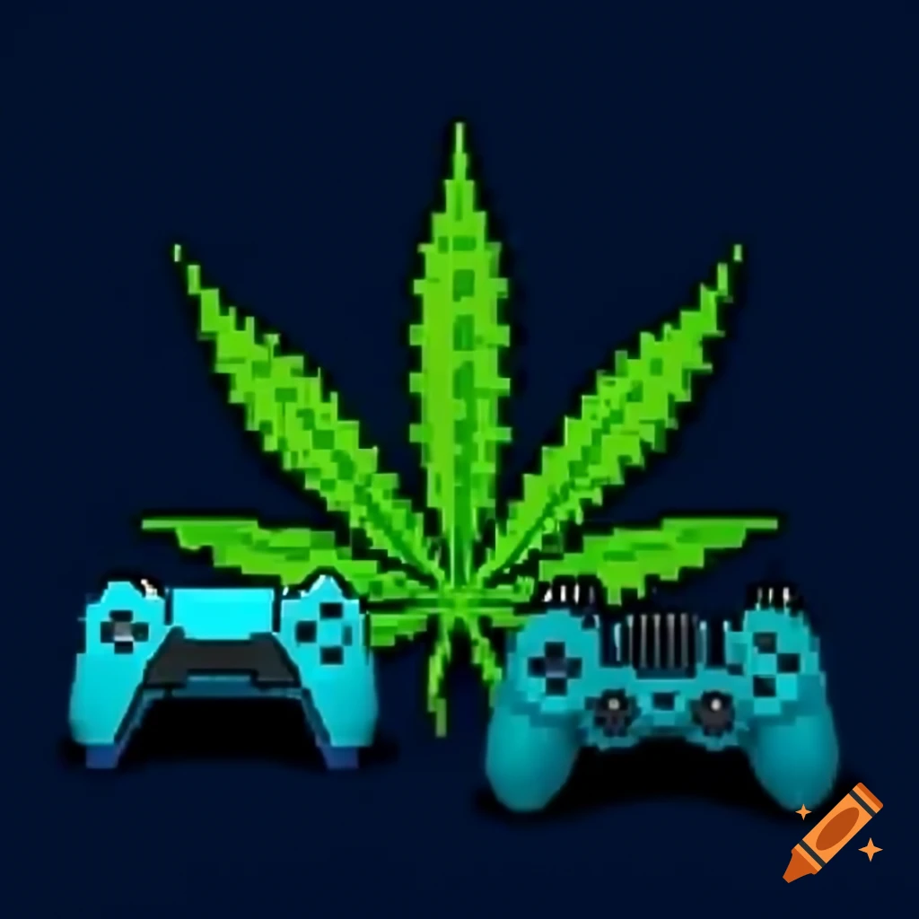 Pixelated marijuana leaf next to PlayStation gamepad for relaxing gaming