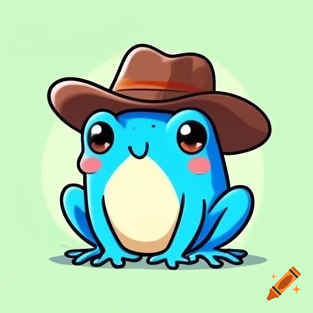 Blue cartoon frog wearing cowboy hat in anime style