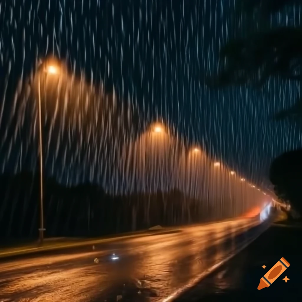 Rainy night road illuminated by luminaires