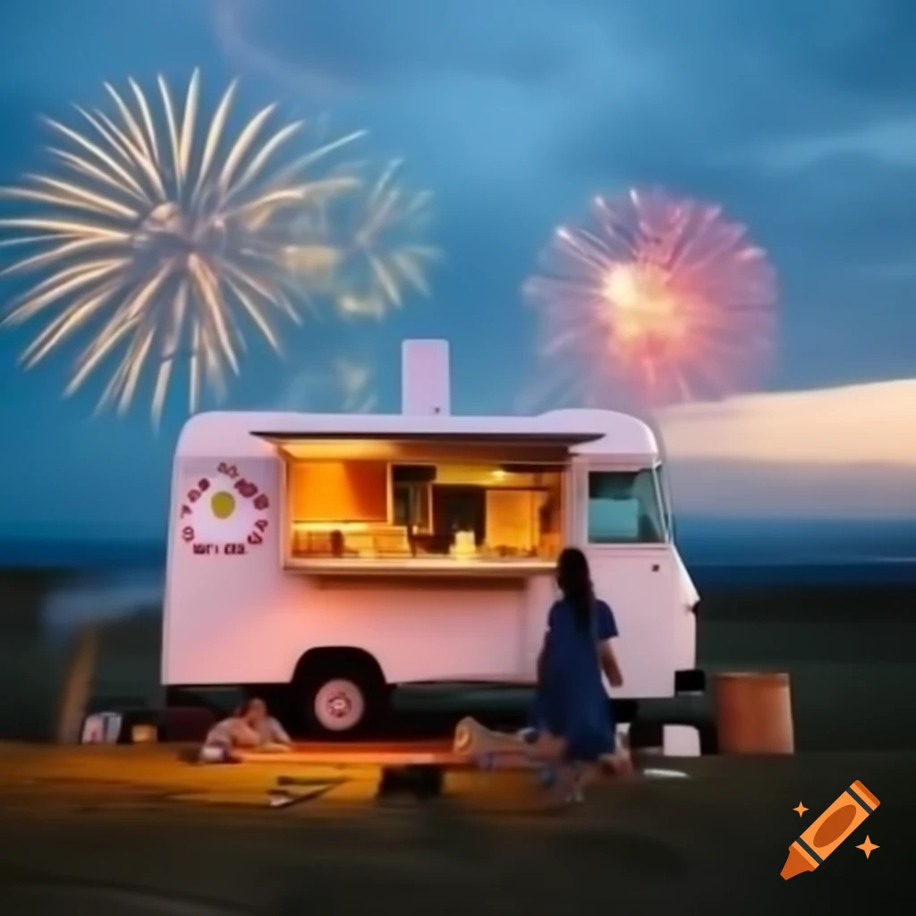 Food truck with Rise & Dine slogan, utensils, fireworks, and sunrise