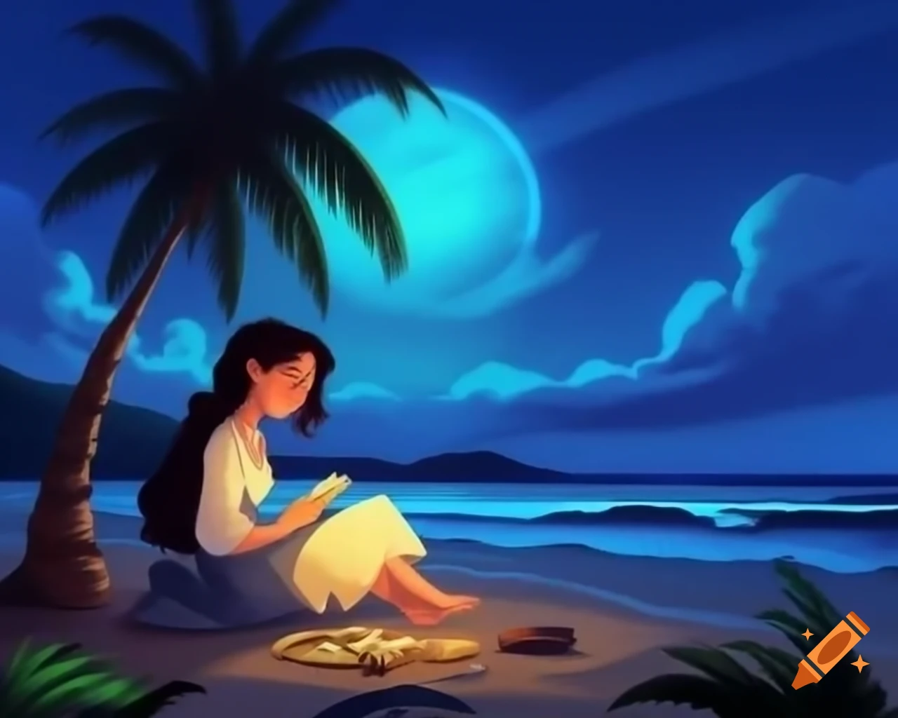 Woman reading a book by the beach illuminated by LED palm tree