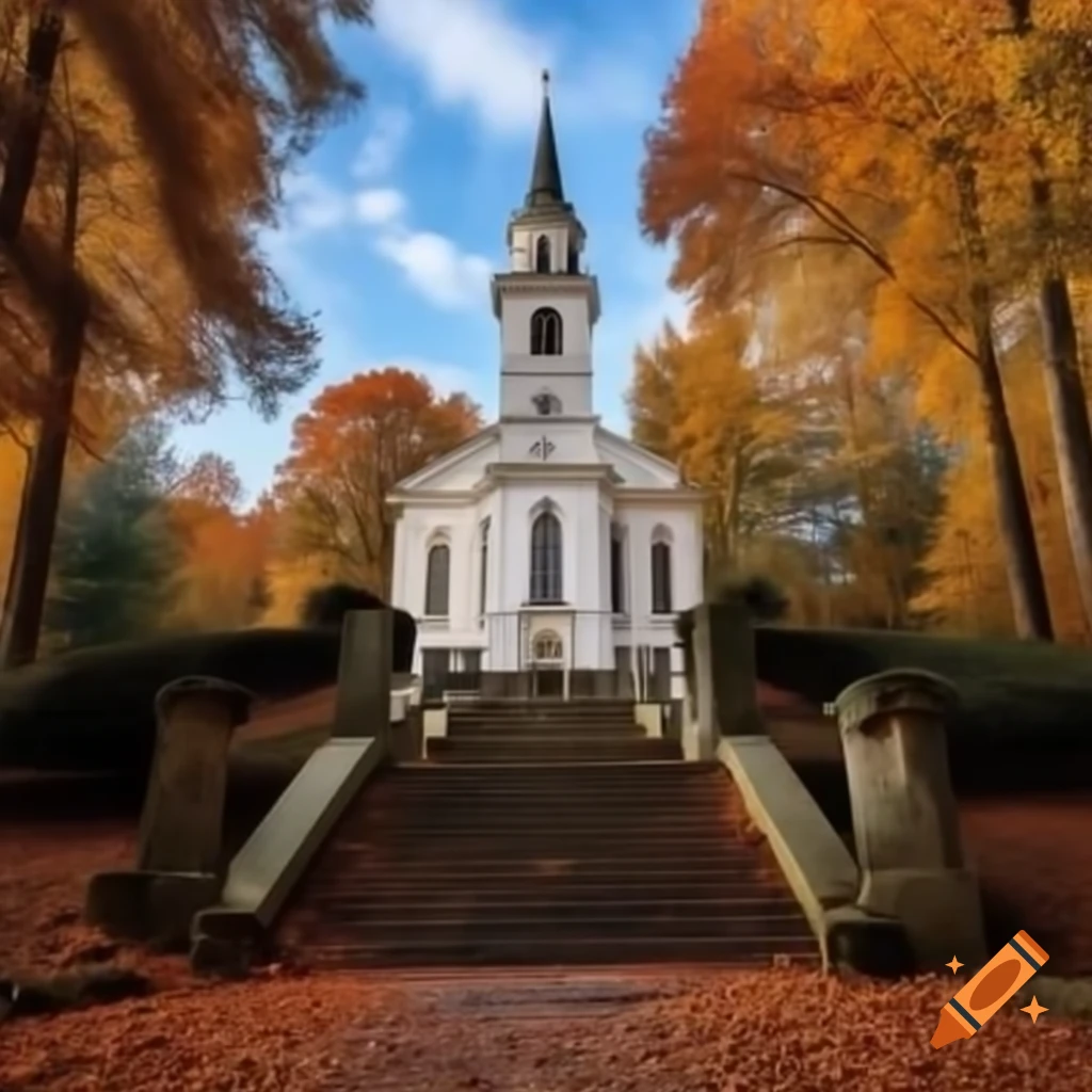 Akureyrar kirkja church in autumn with stairs leading up