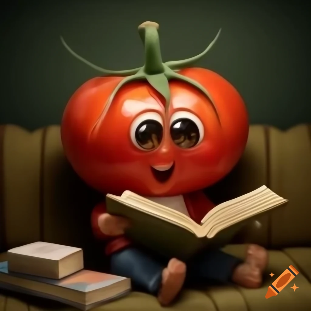 Kawaii tomato smiling on mini sofa, reading book, happy expression