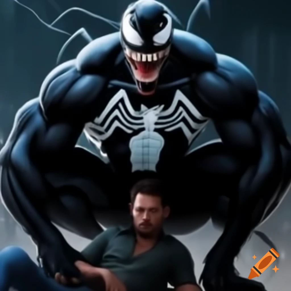 Venom character positioned on man's head