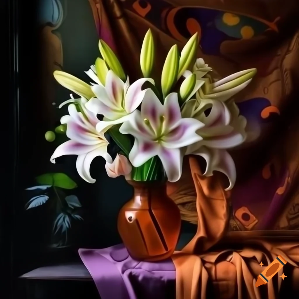 White lilies in vase illuminated by warm sunlight against vintage tapestry