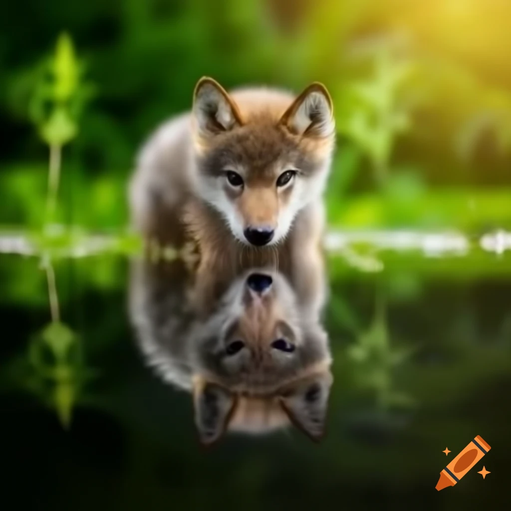 Wolf pup gazing at reflection in tranquil pond surrounded by greenery