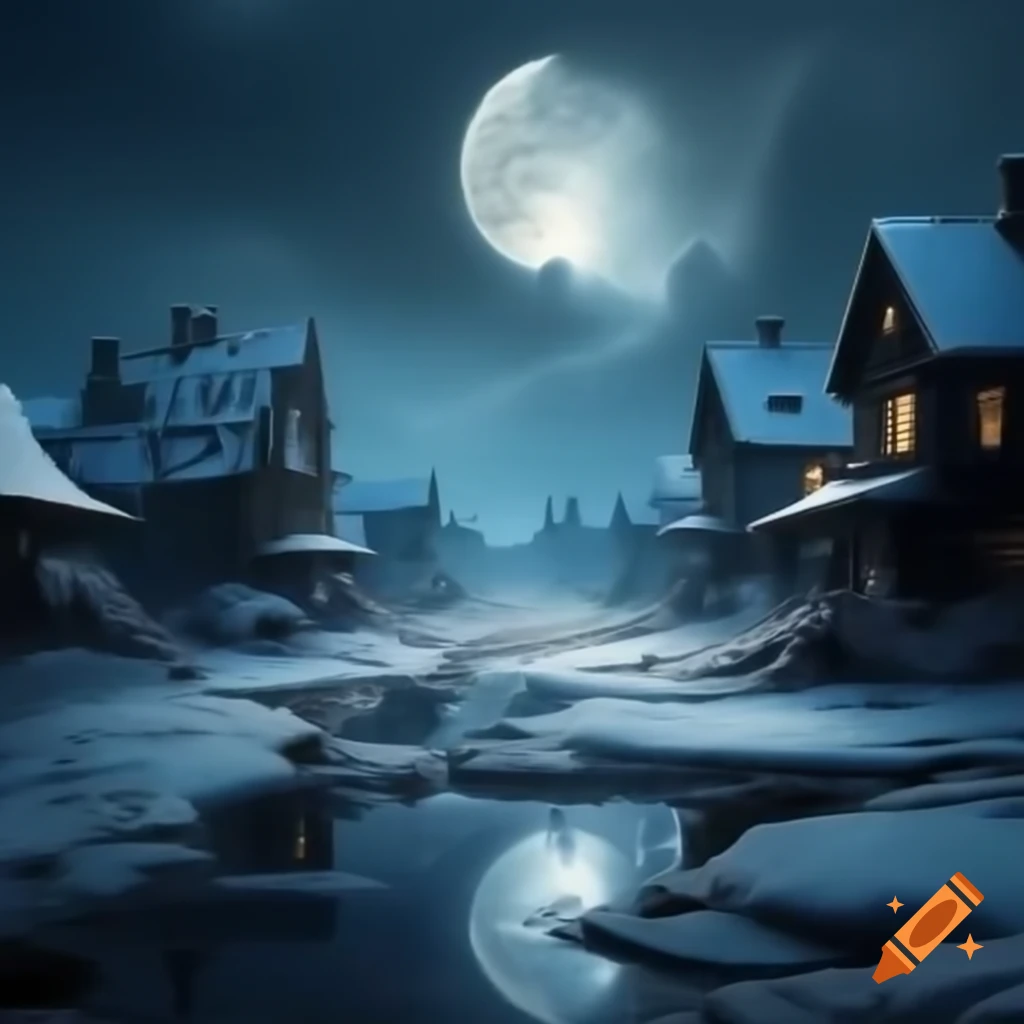 Frozen wasteland with tall snow drifts and abandoned houses illuminated by full moon