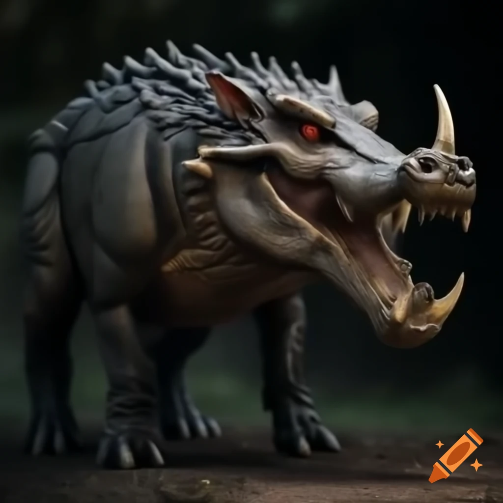 Hyper-realistic wild boar-croc fantasy creature with prominent tusks