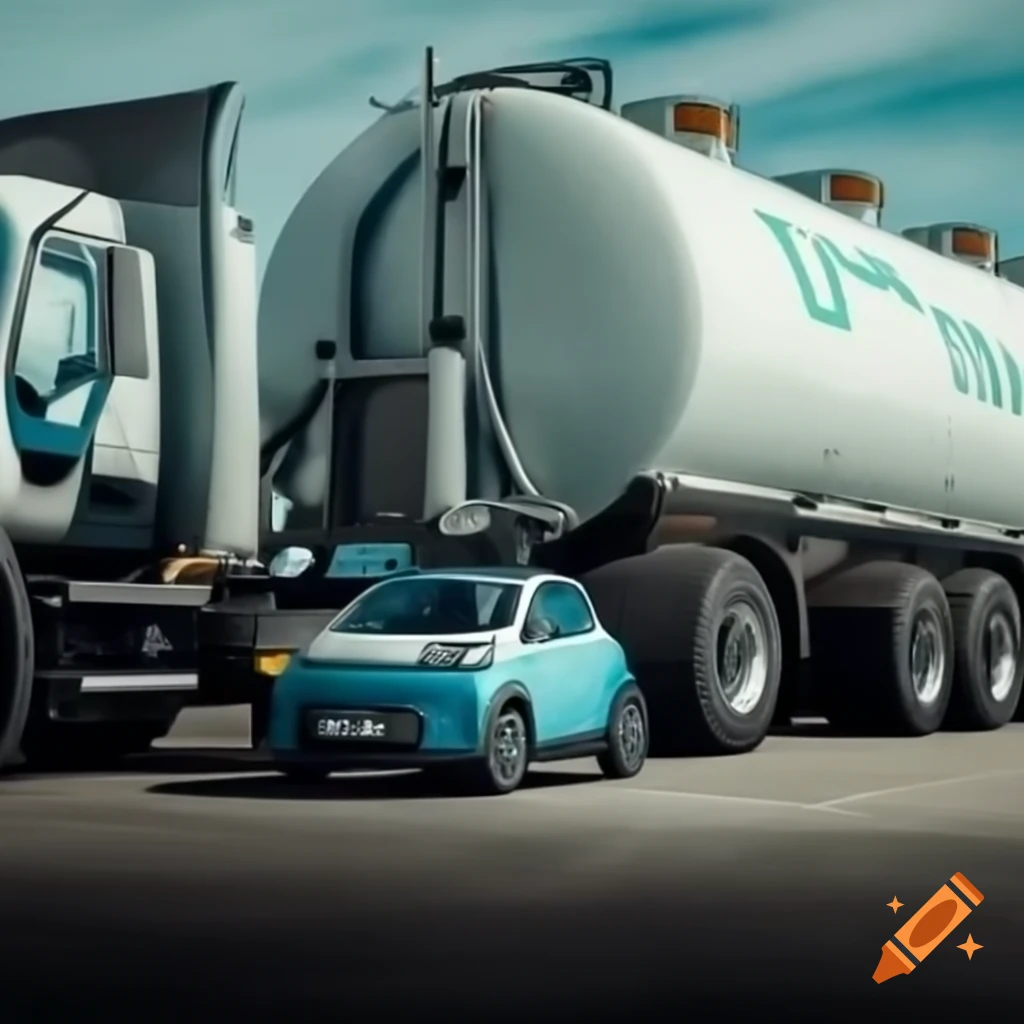 Small passenger car in front of large truck with hydrogen tanks