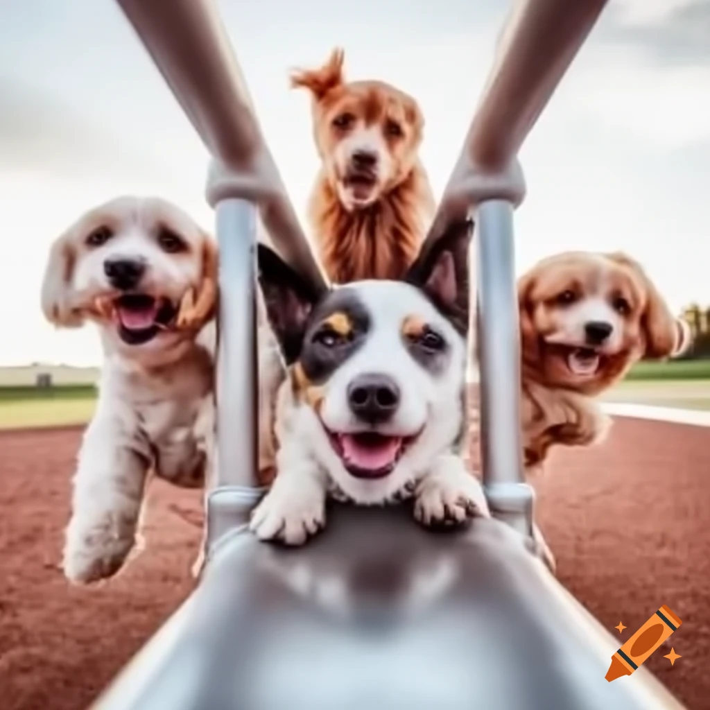 Multiple happy dogs playing on playground equipment