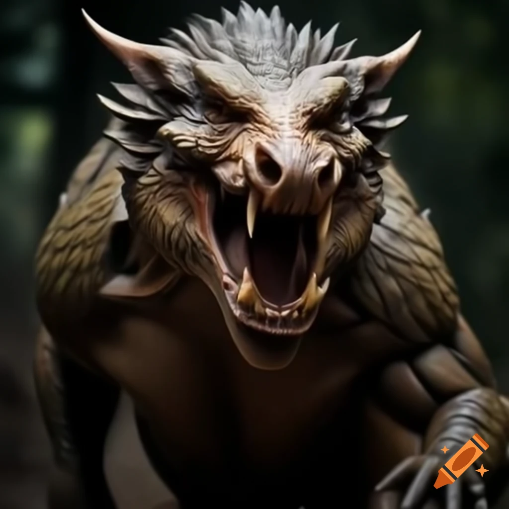 Hyper realistic wild boar-reptile fantasy creature with tusks in full figure