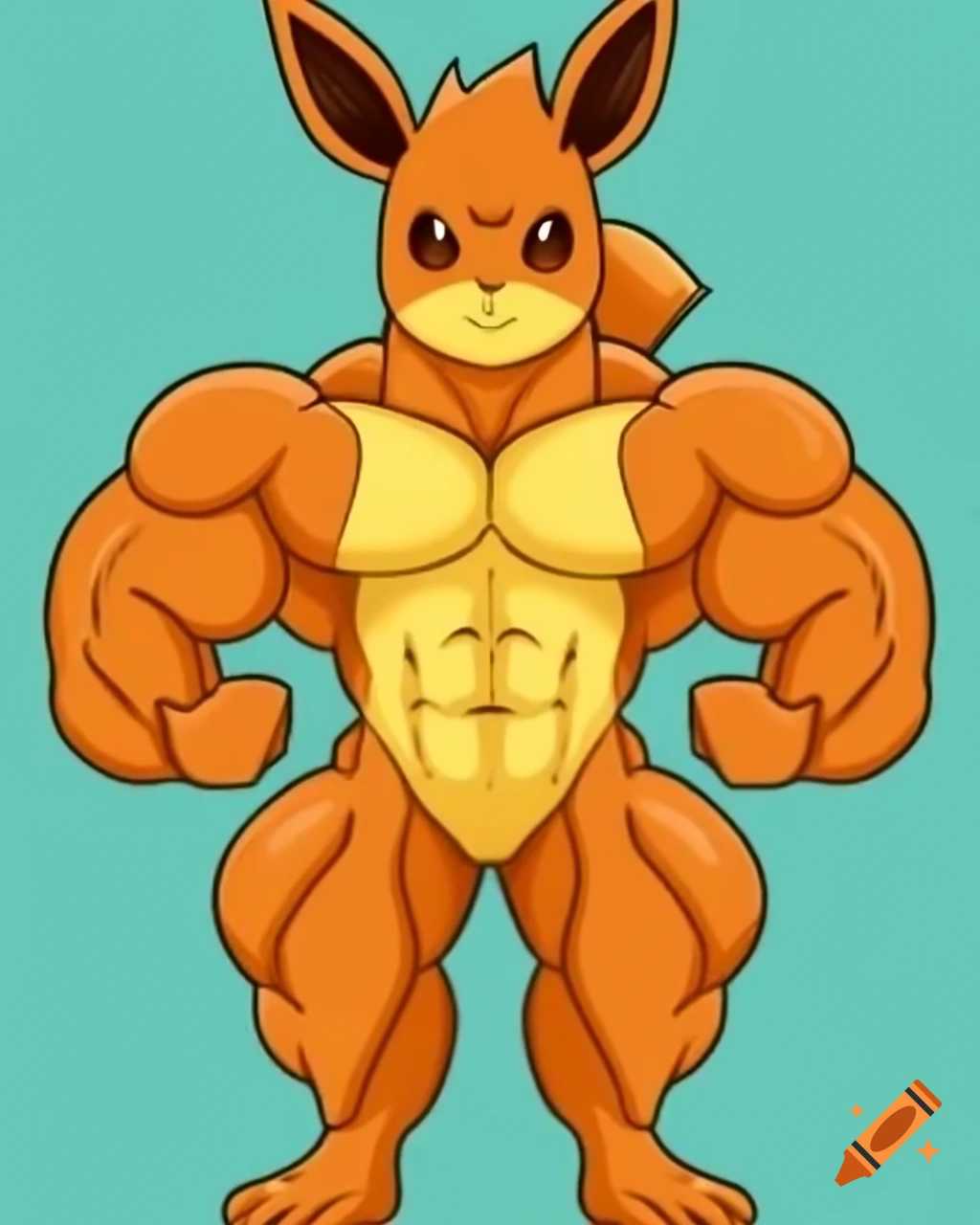 Anthro Eevee bodybuilder flexing muscles, furry art style