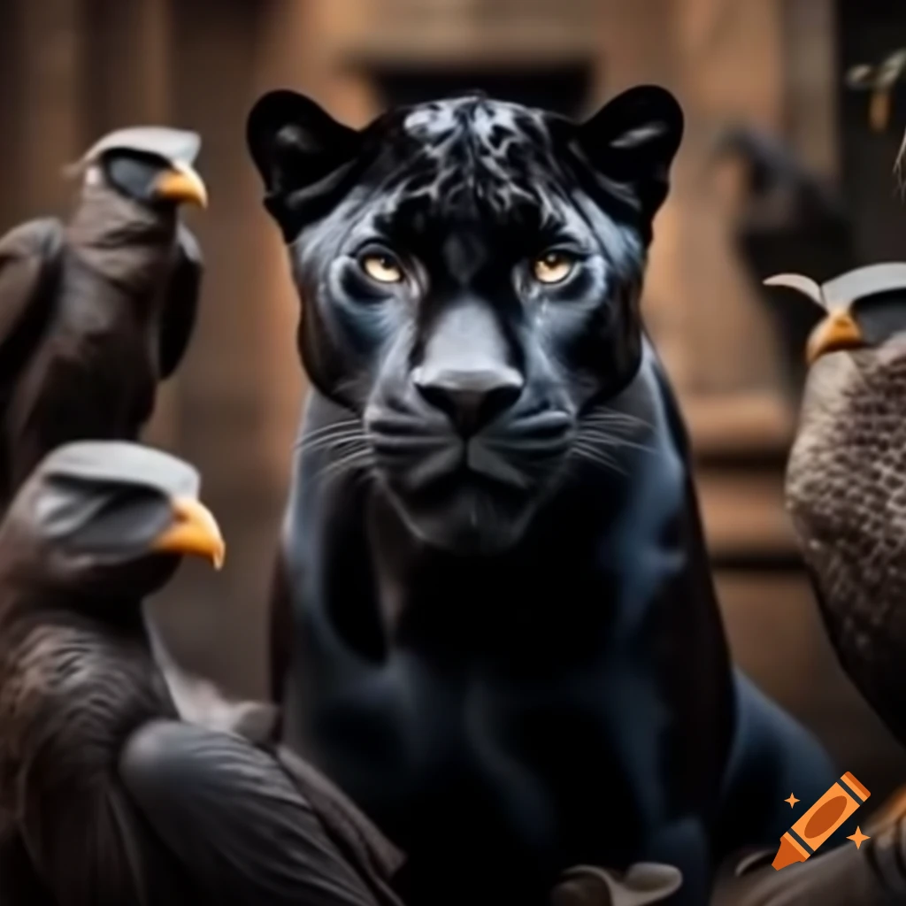 Black panther surrounded by wild birds in an indoor setting
