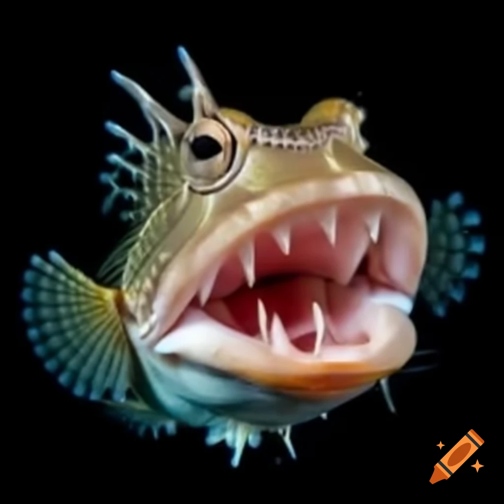 Frogfish featuring sharp teeth, shell, flippers, and gills