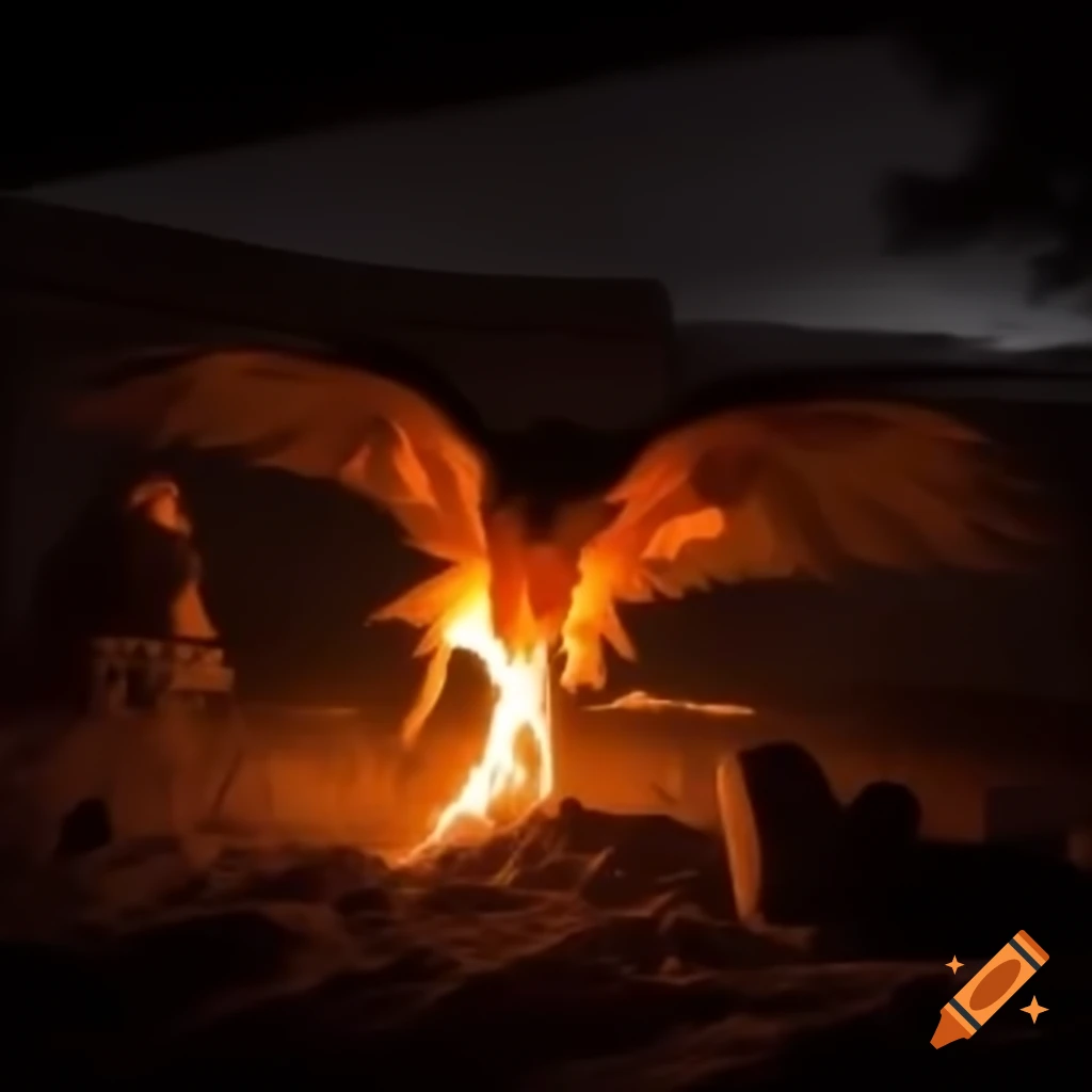 Phoenix rising from embers of dying campfire in dim light