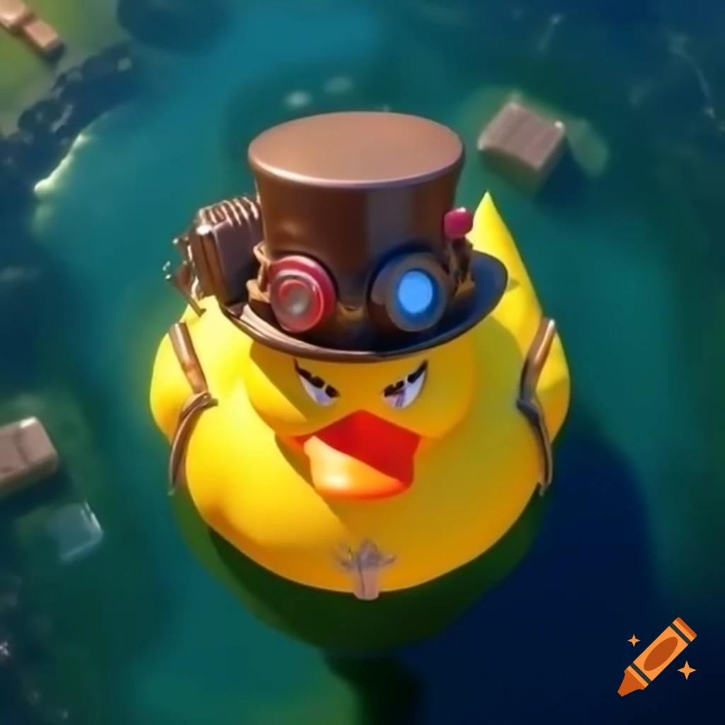 Aerial view of a steampunk rubber duck with an angry expression