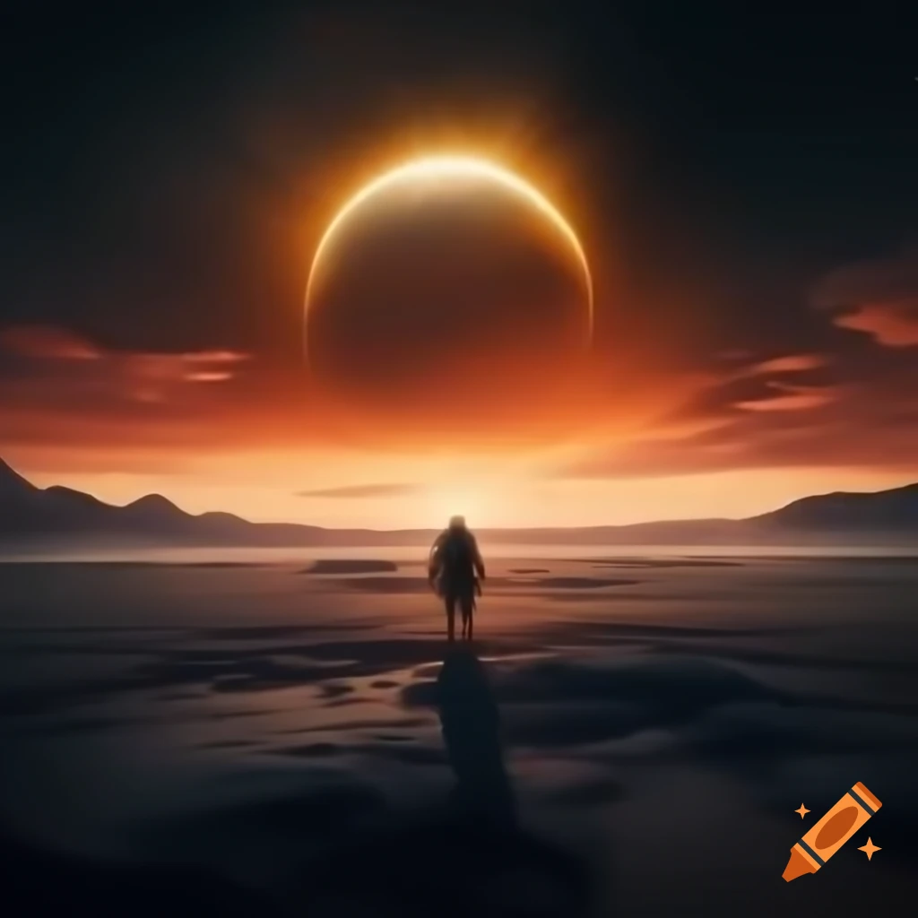Lone sunset warrior in barren arctic wasteland at dusk with golden and pink sky
