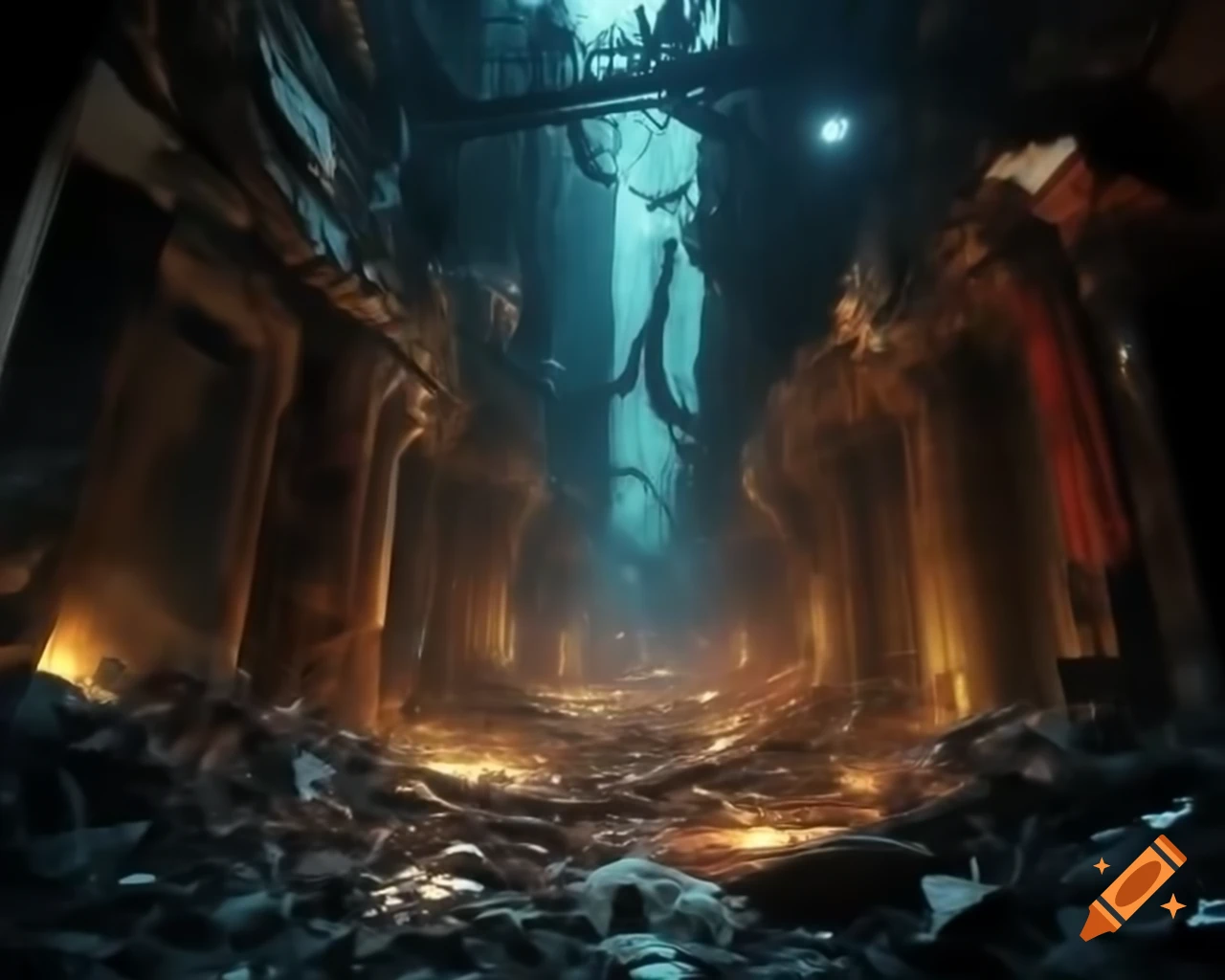 Ultra-realistic depiction of a post-apocalyptic world in darkness and ruin