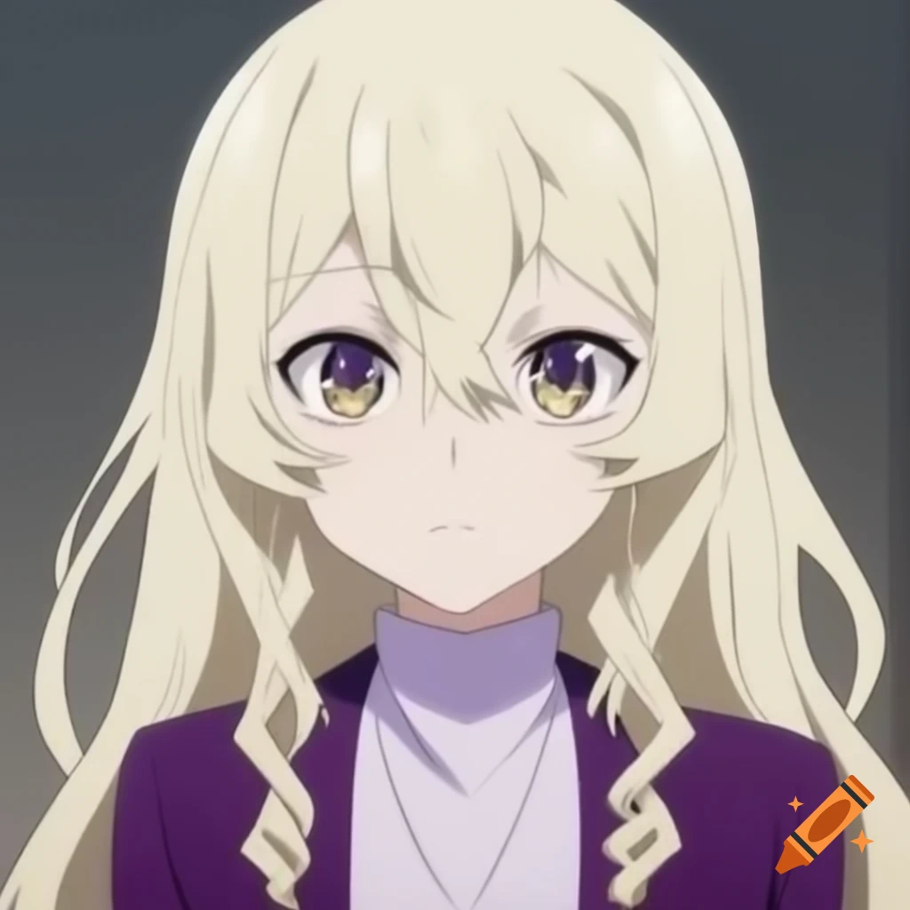 Anime character with long ivory hair and gray eyes wearing a purple sweater