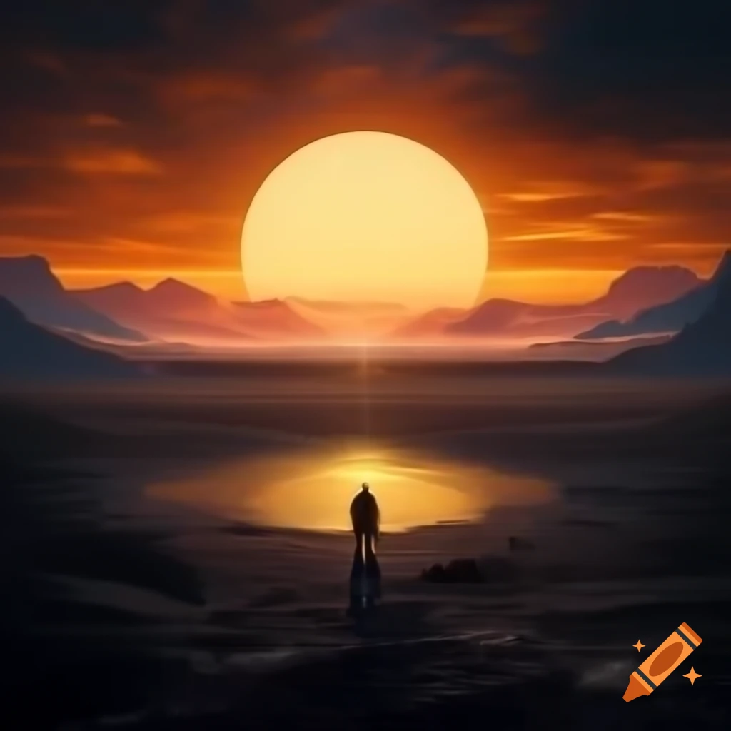 Lone sunset warrior in barren arctic wasteland at dusk with golden and pink sky