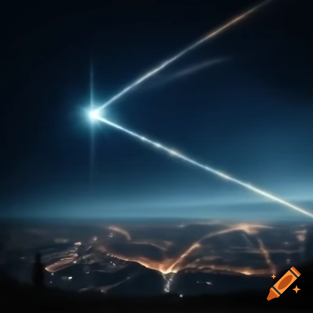 Shooting star in night sky with big city skyline in background