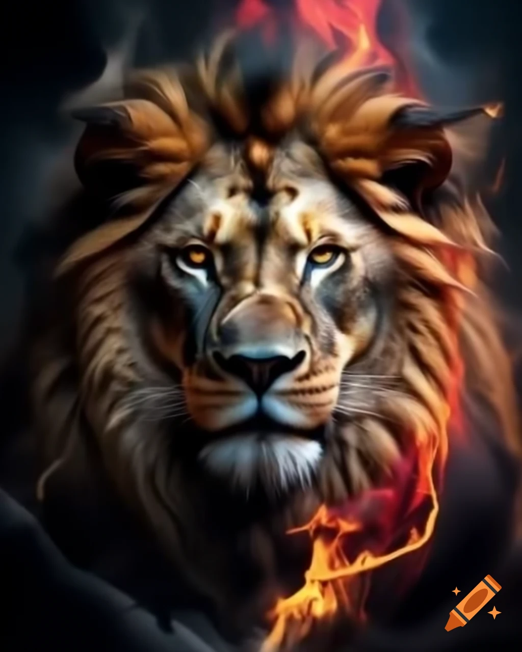 Lion in gold, black, and red colors with flames