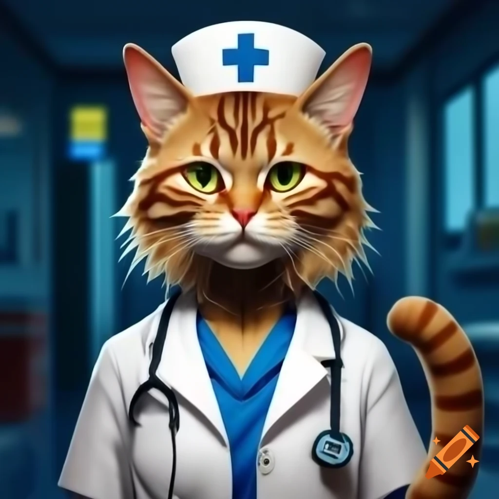 Anthropomorphic cat nurse in uniform with stethoscope in hospital setting