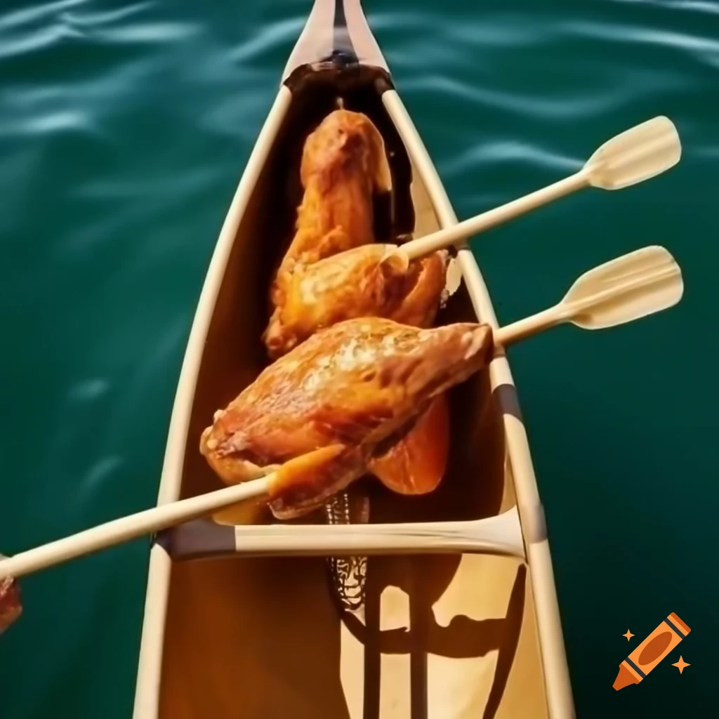 Chicken drumstick displayed on a canoe