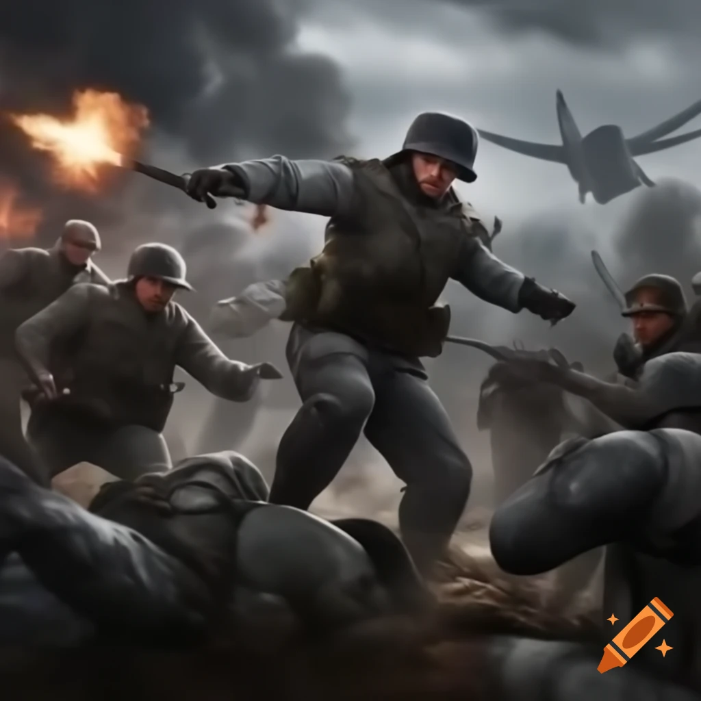 Soldiers engaged in chaotic modern battle