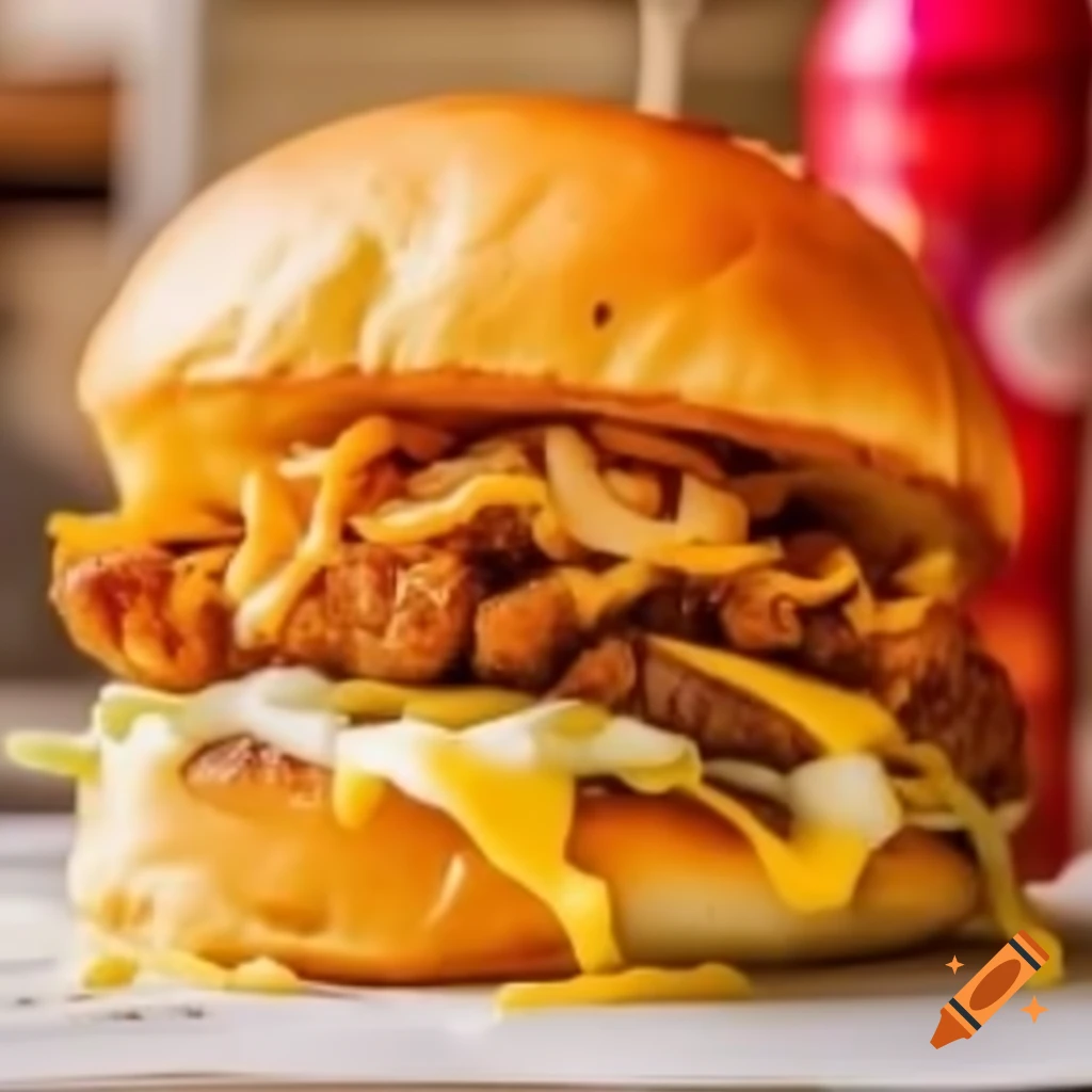Burger with chicken, halloumi, onion, and egg toppings