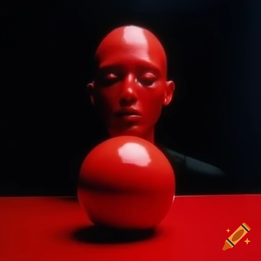 Pop surreal 2000's photography featuring red glass statue