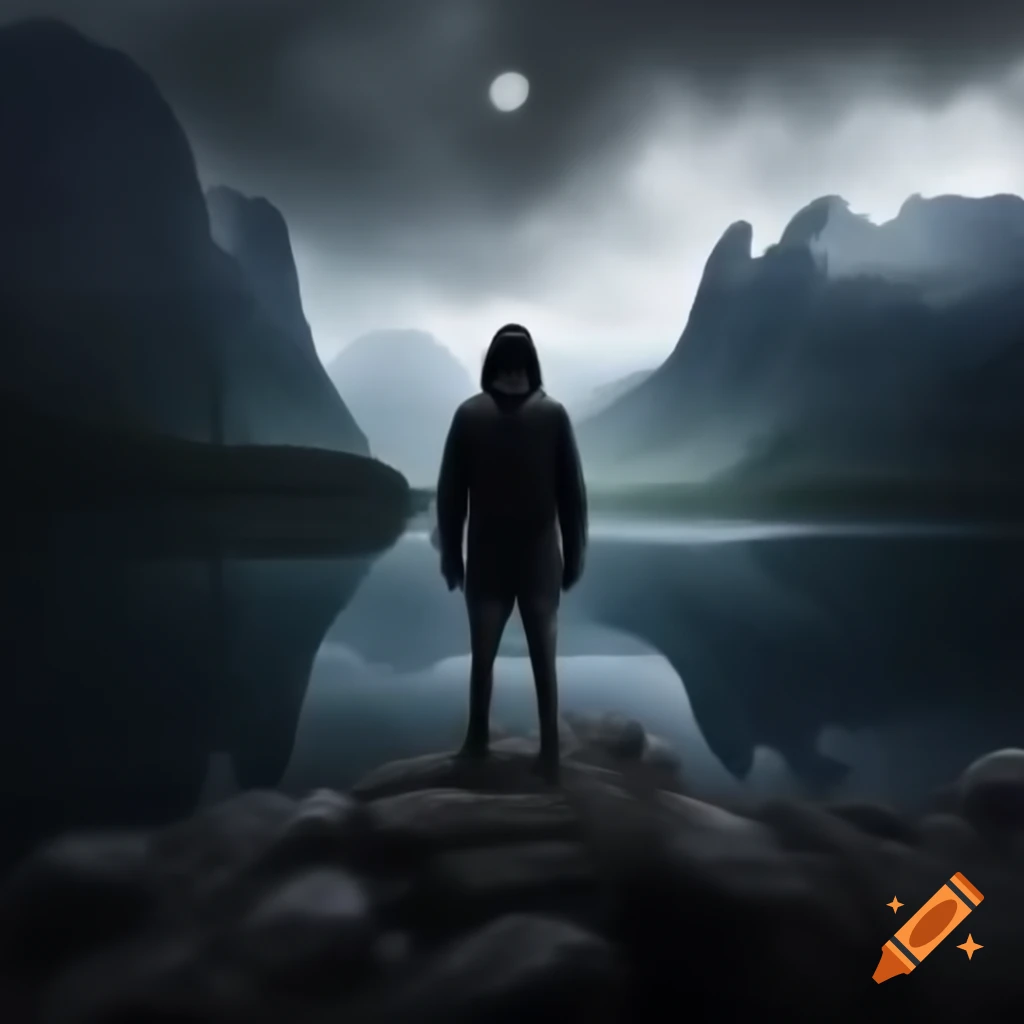 Mysterious man in black hoodie on central island surrounded by four lakes