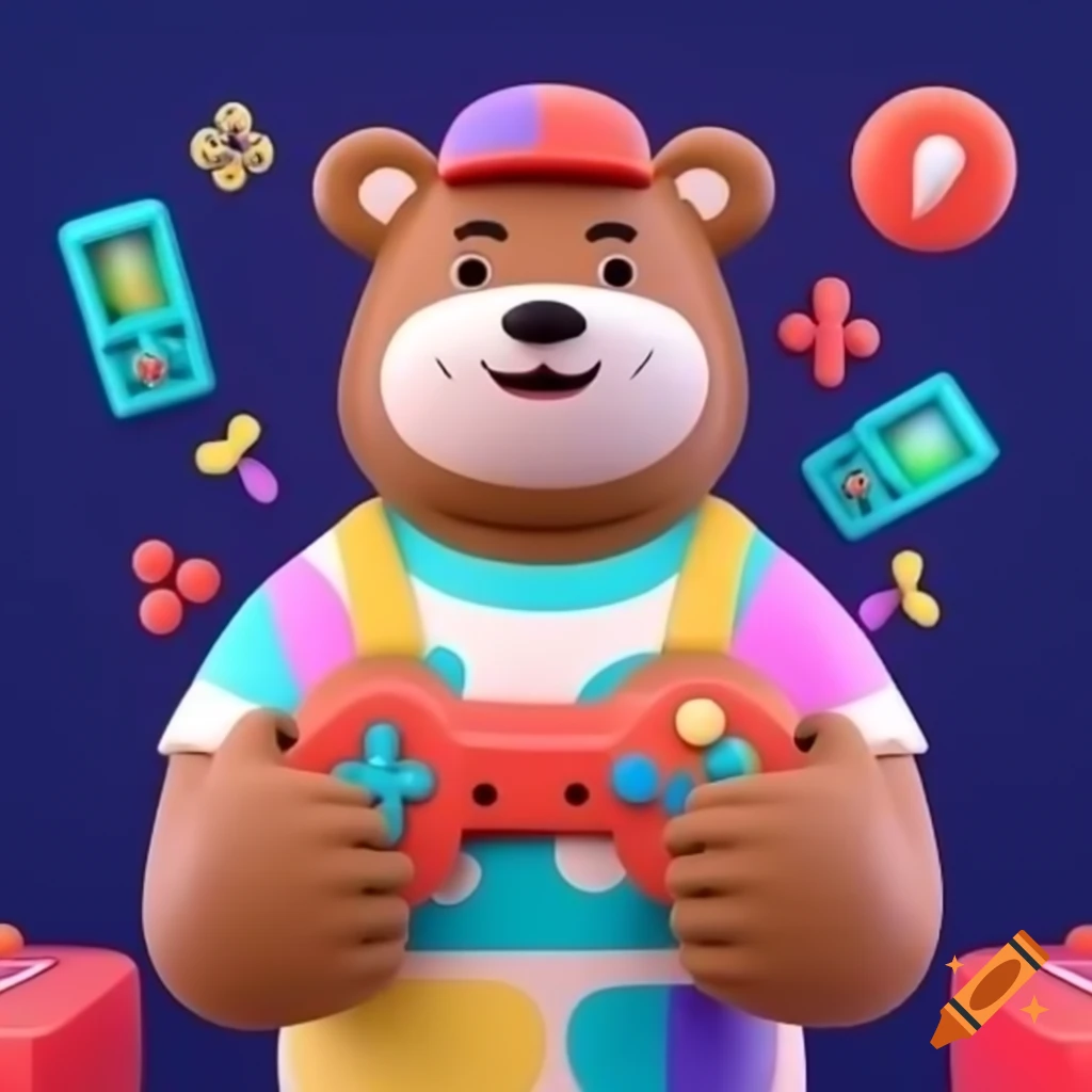 Cartoon bear mascot in colorful outfit holding game controller amid arcade games