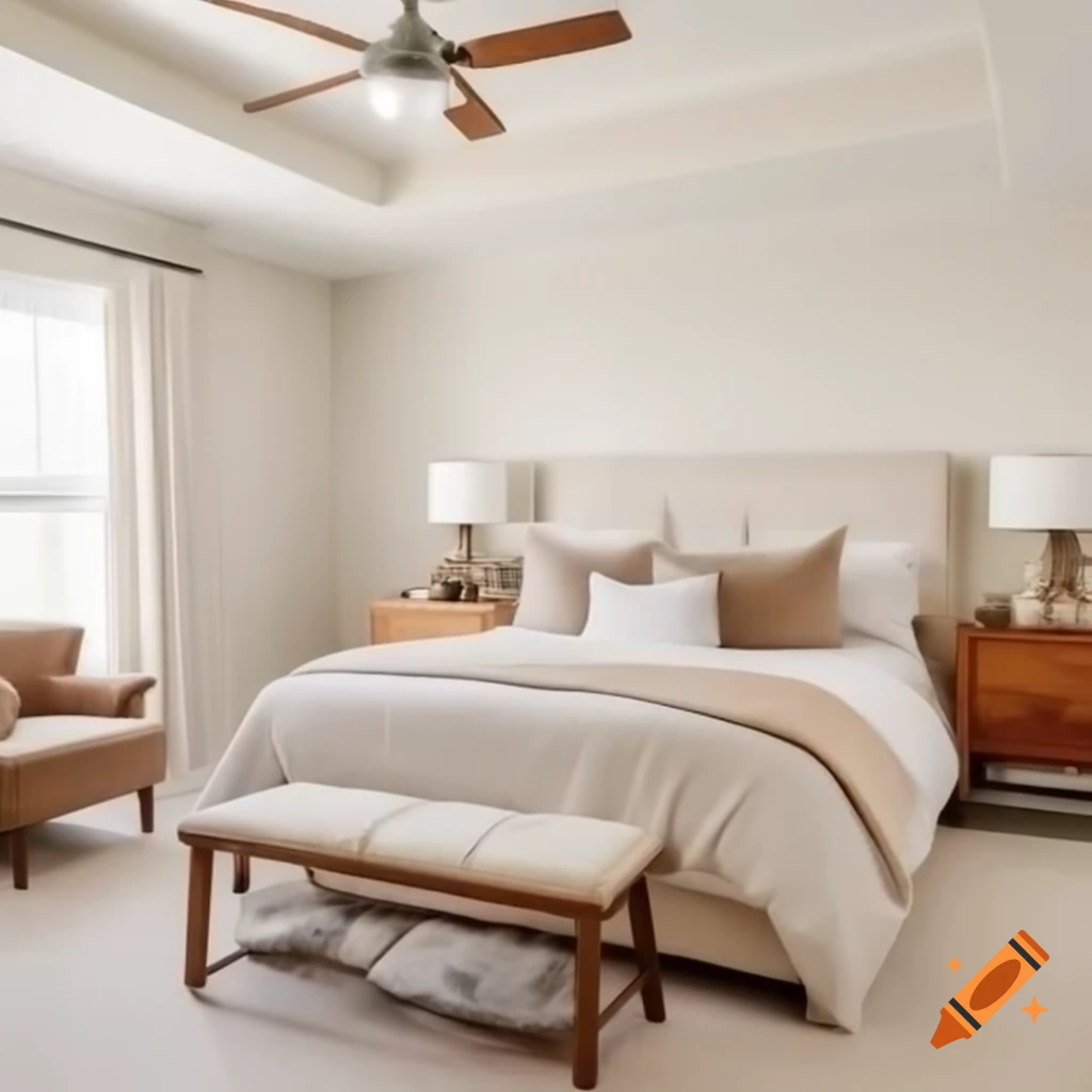 12x12 bedroom with beige carpet and walls, cream upholstered bed, antique wooden furniture