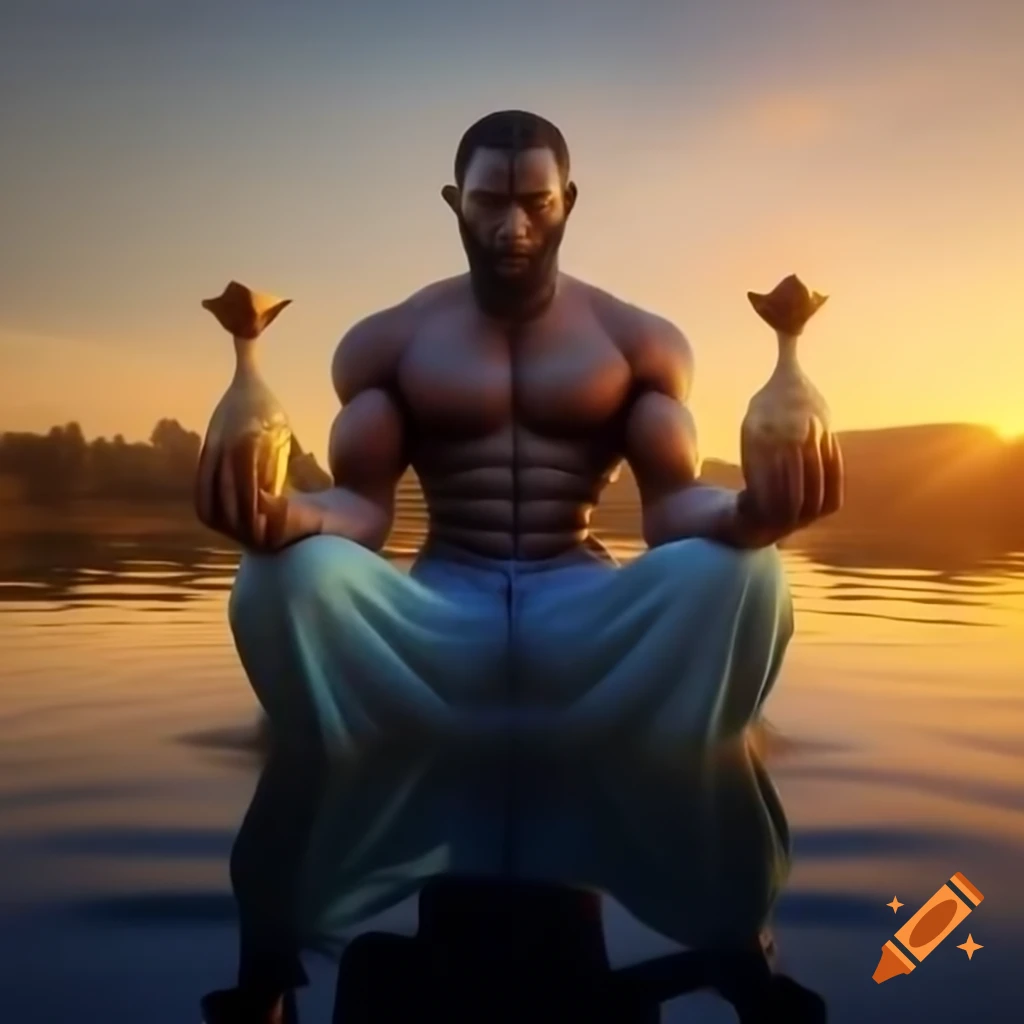Handsome muscular man in sky-blue attire kneeling by tranquil lake at sunset