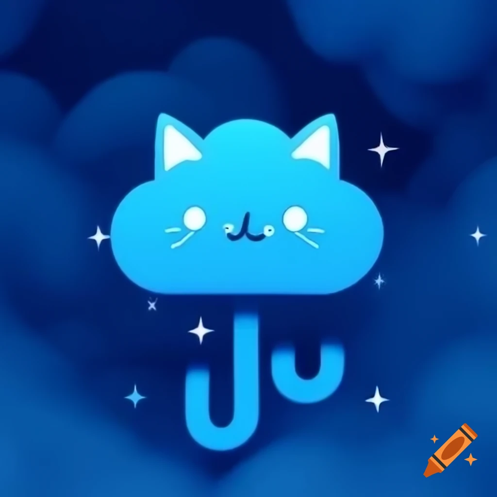 Logo featuring cat and cloud in blue cottagecore style