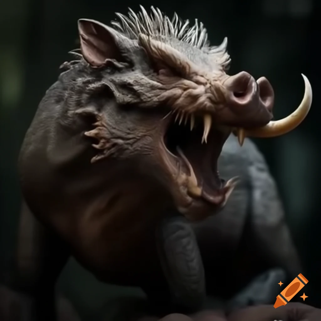 Hyper realistic wild boar-reptile fantasy creature with tusks in full figure