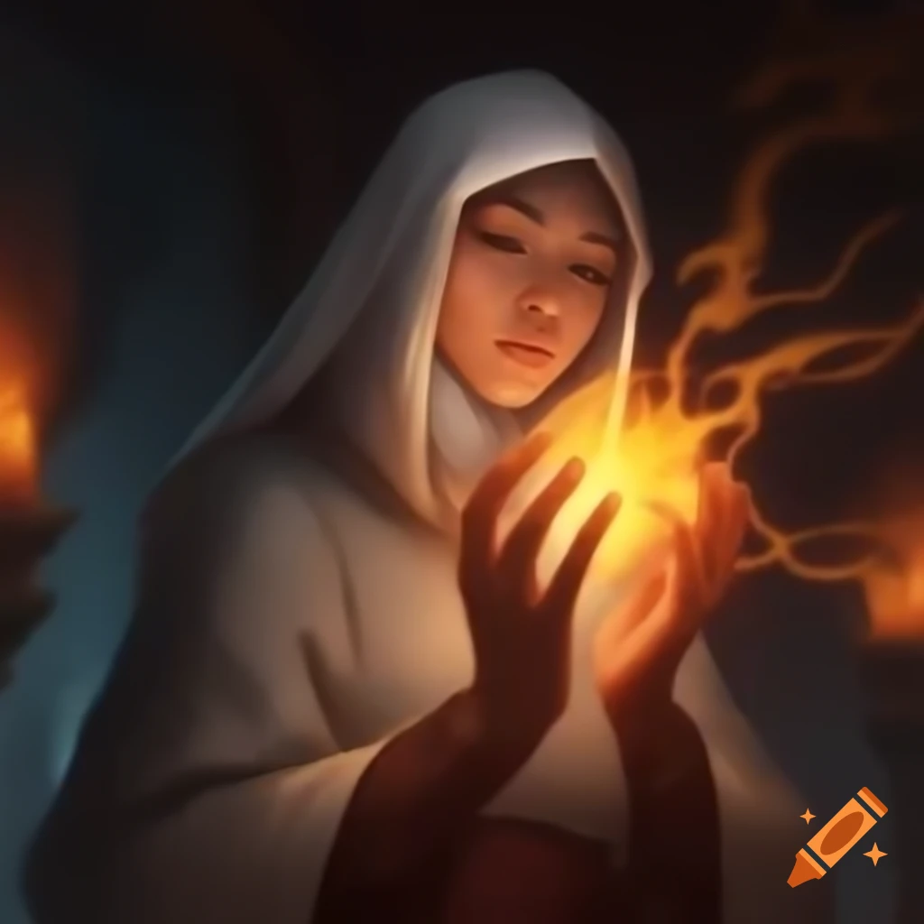 Sister Alya channeling divine energy towards pale male warrior