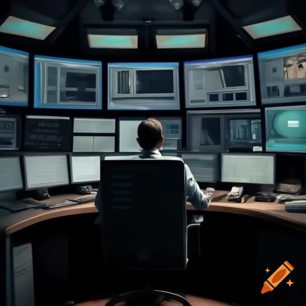 Large control room interior with high-tech screens and consoles