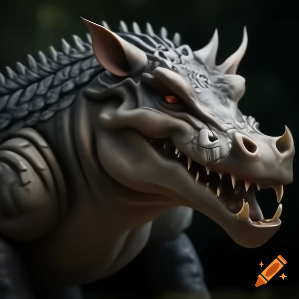 Hyper-realistic wild boar-croc fantasy creature with prominent tusks