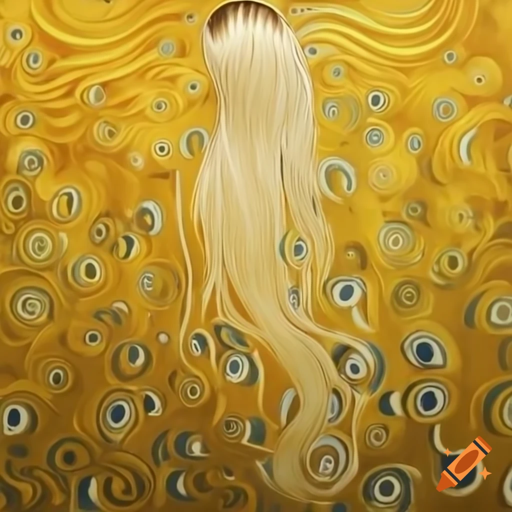 Vibrant artwork of long blonde hair flowing in cerulean swirls, inspired by Klimt