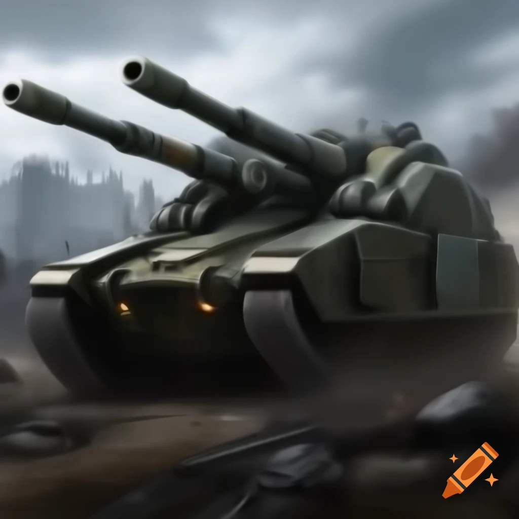 Futuristic military scene with vehicles and chaos in modern warfare