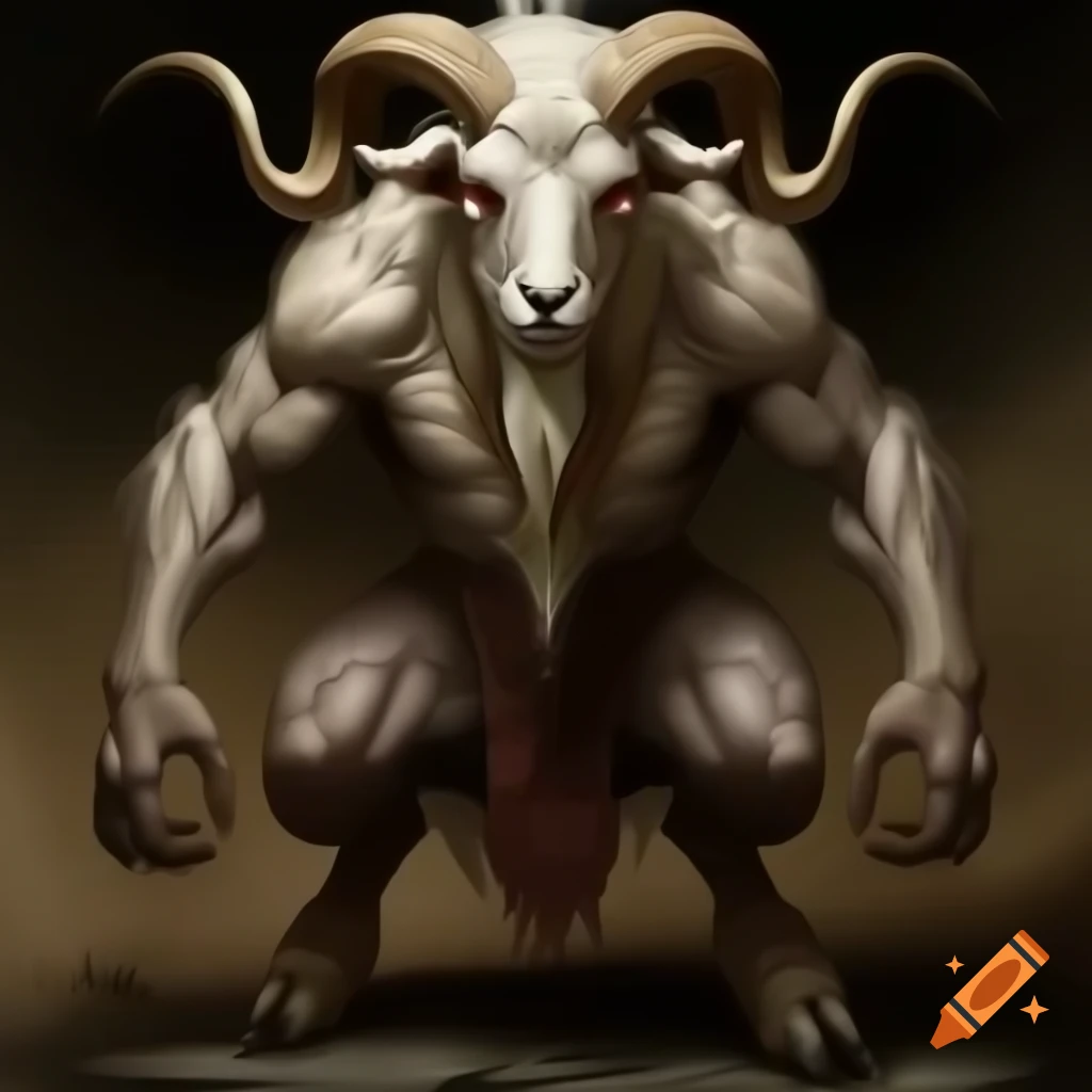 Goat-headed demon with large horns and muscular physique in HD oil painting