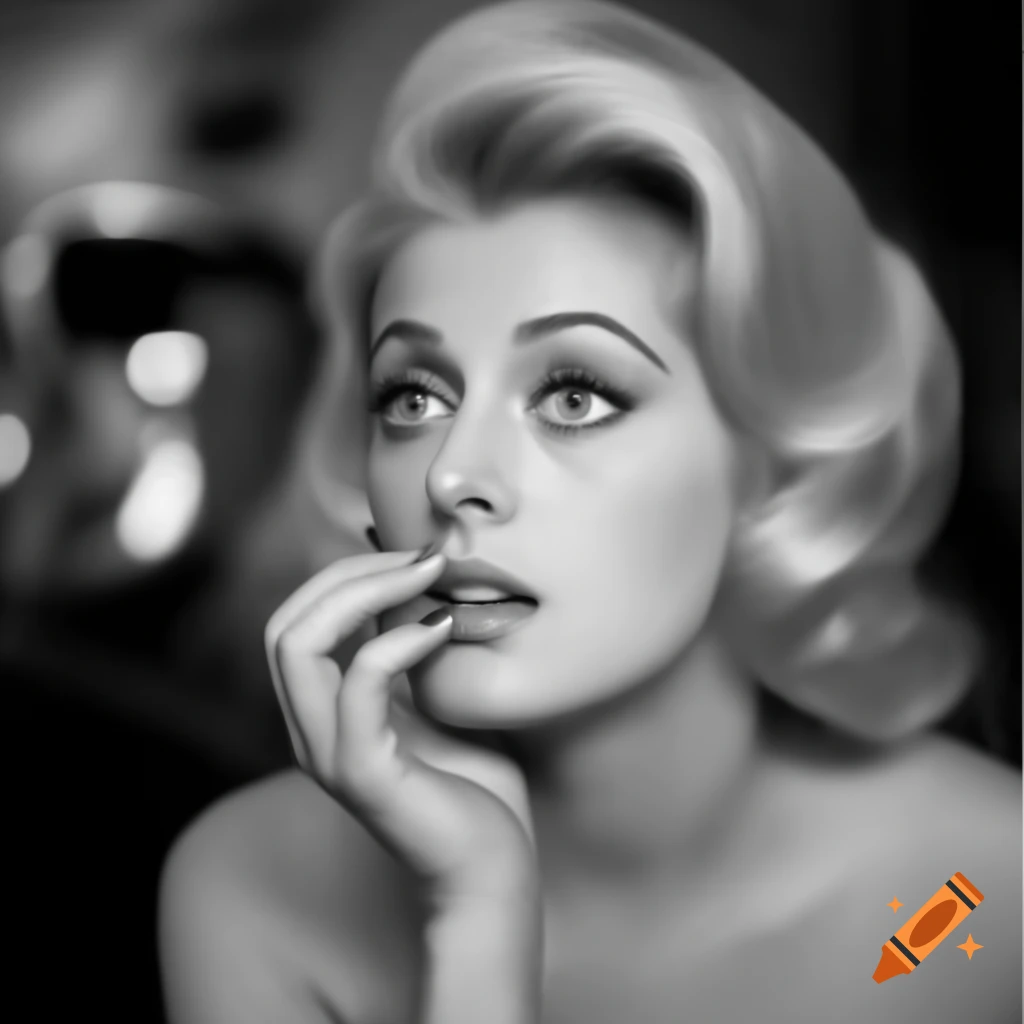 Hyper-realistic candid shot of European actress on movie set in 1963