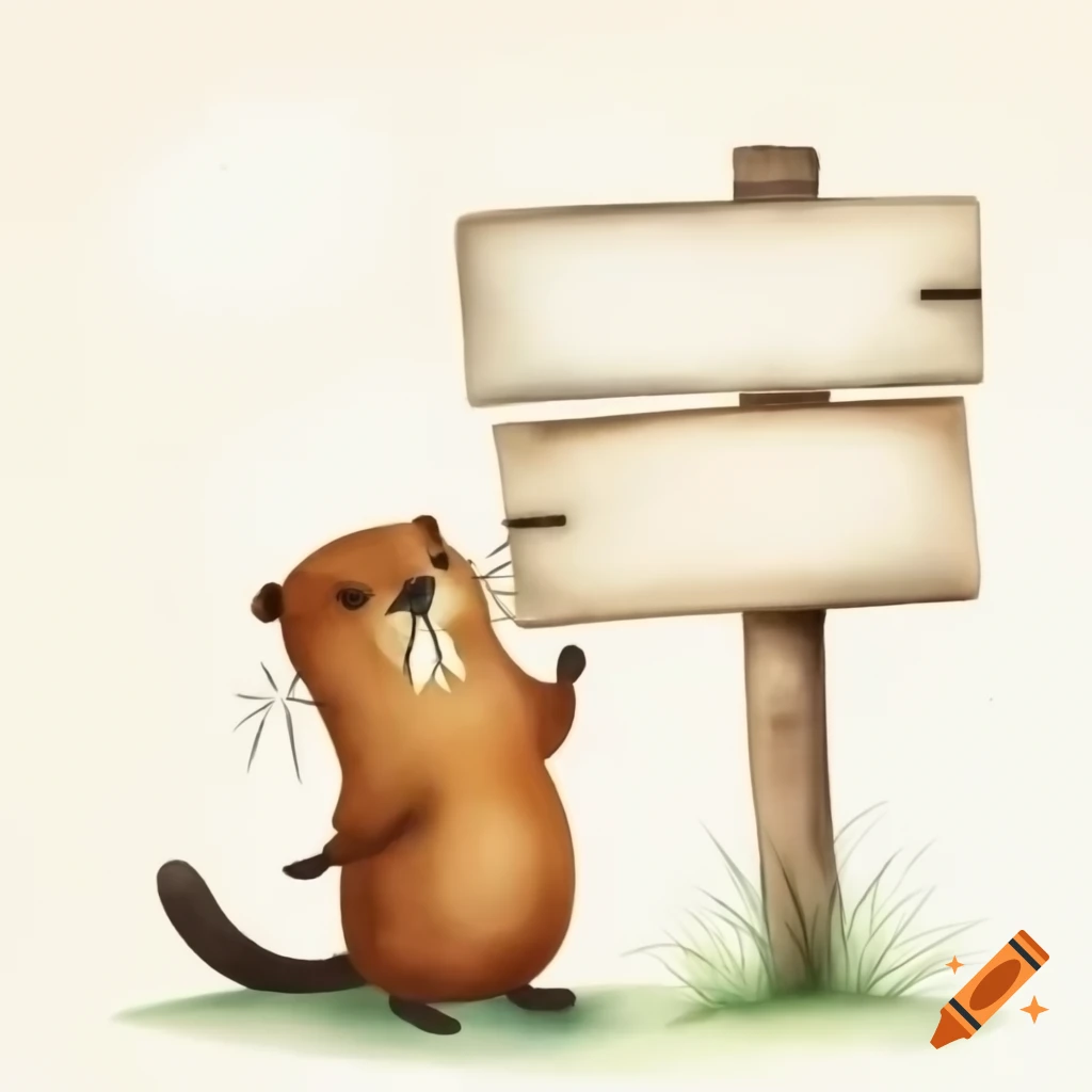 Smiling beaver with tail and empty white sign in watercolor