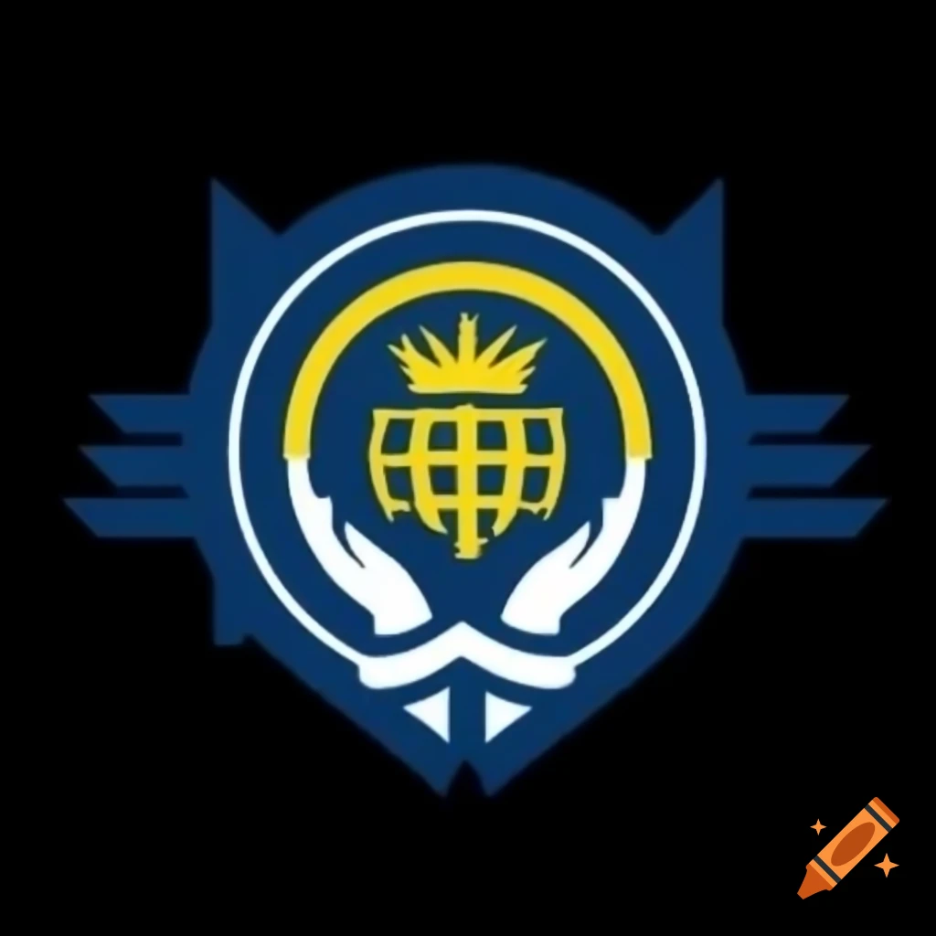 Logo featuring world map, crest, and handshake