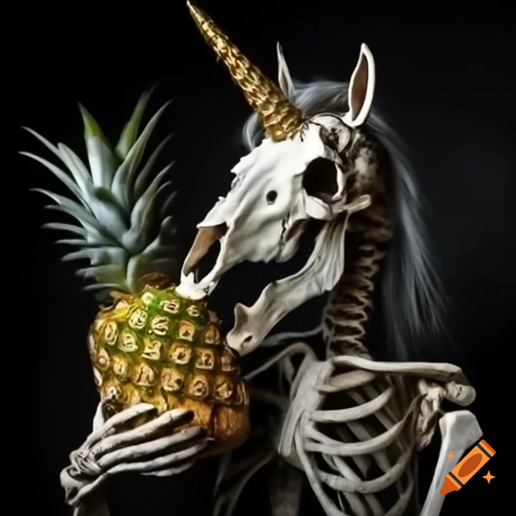 Skull unicorn holding an upside down pineapple
